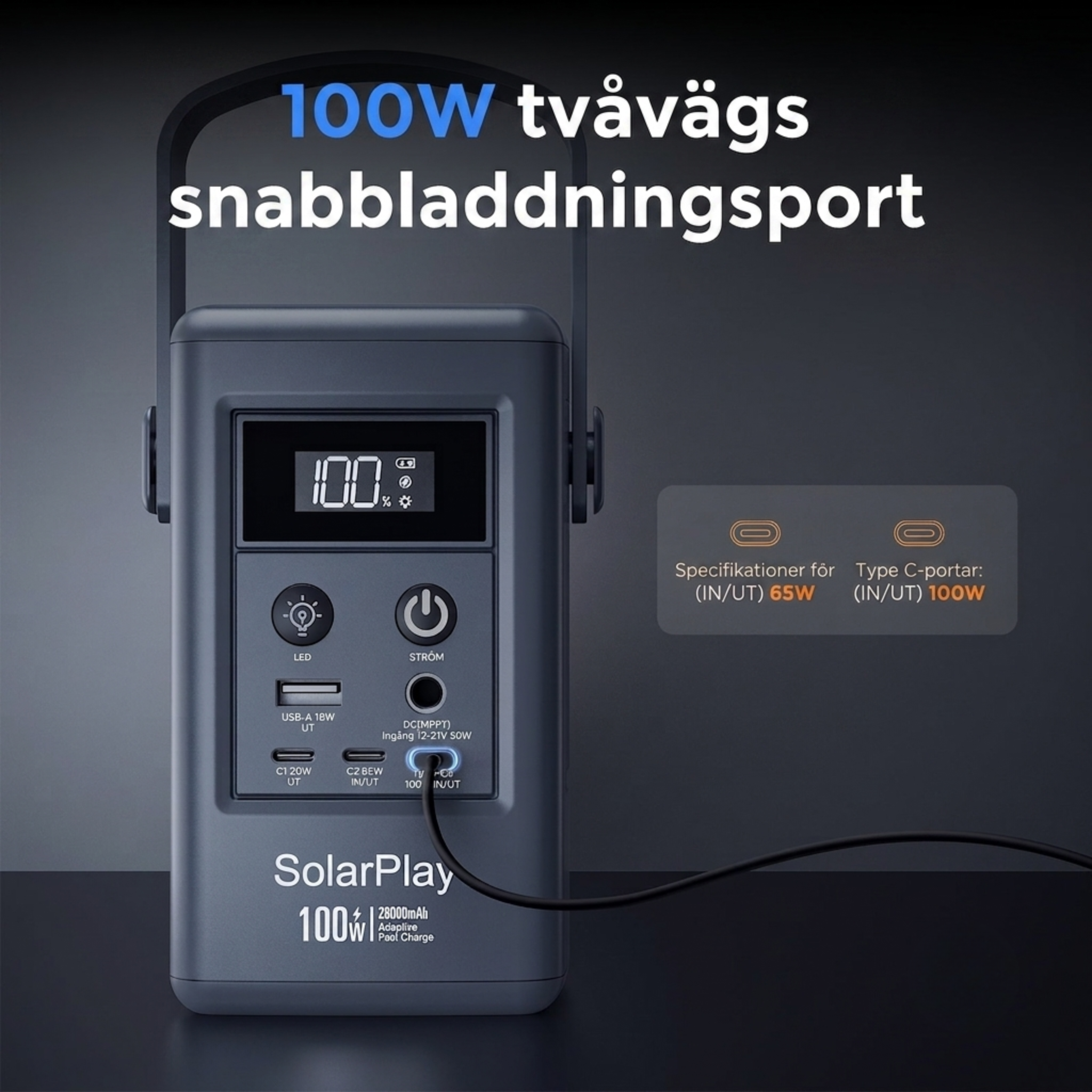 SolarPlay Q100 – Ultralätt och flyggodkänd bärbar powerstation för resor och backup