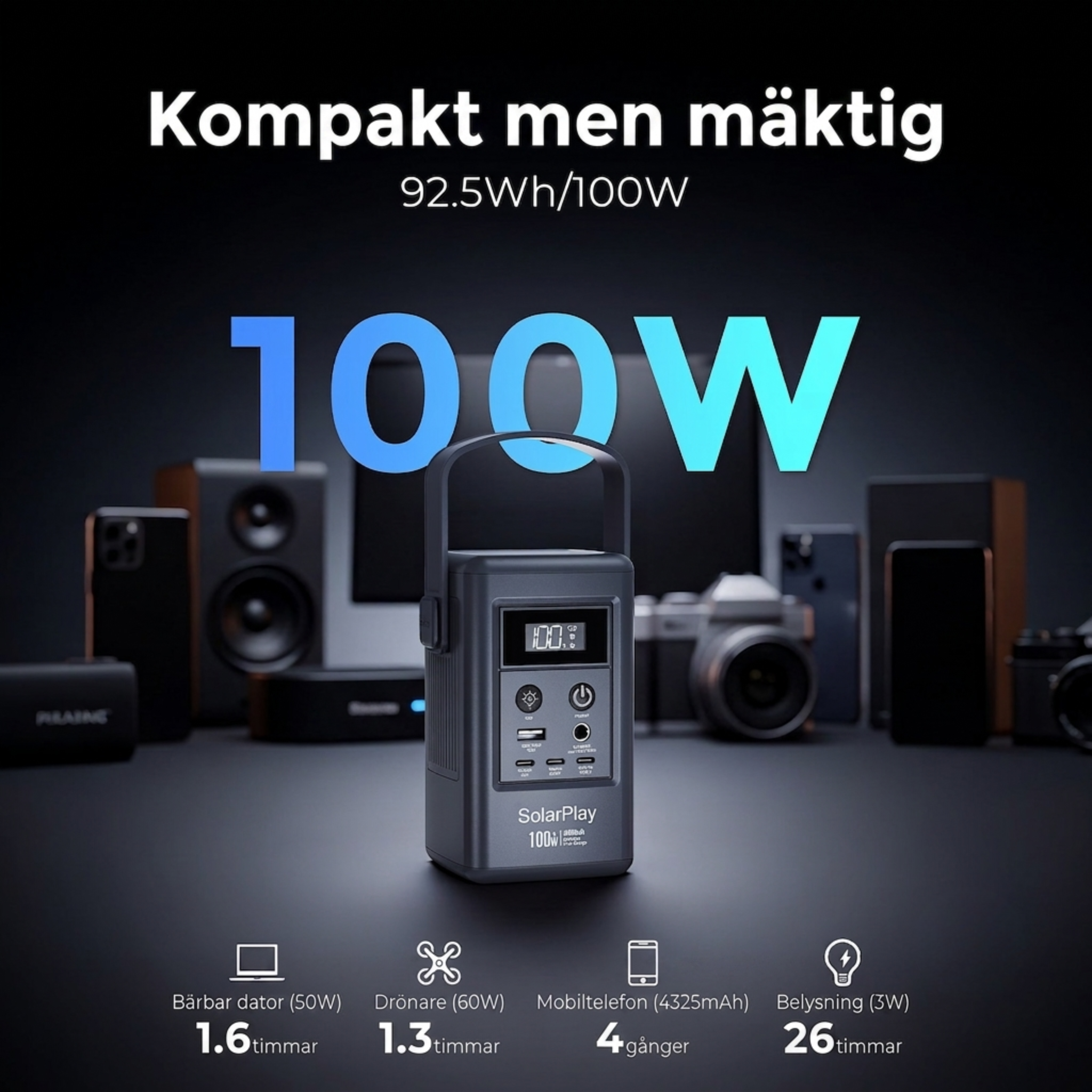 SolarPlay Q100 – Ultralätt och flyggodkänd bärbar powerstation för resor och backup