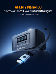 AFERIY Nano100 – Ultralätt, flyggodkänd mini-powerstation med integrerad USB-C-kabel. 100W