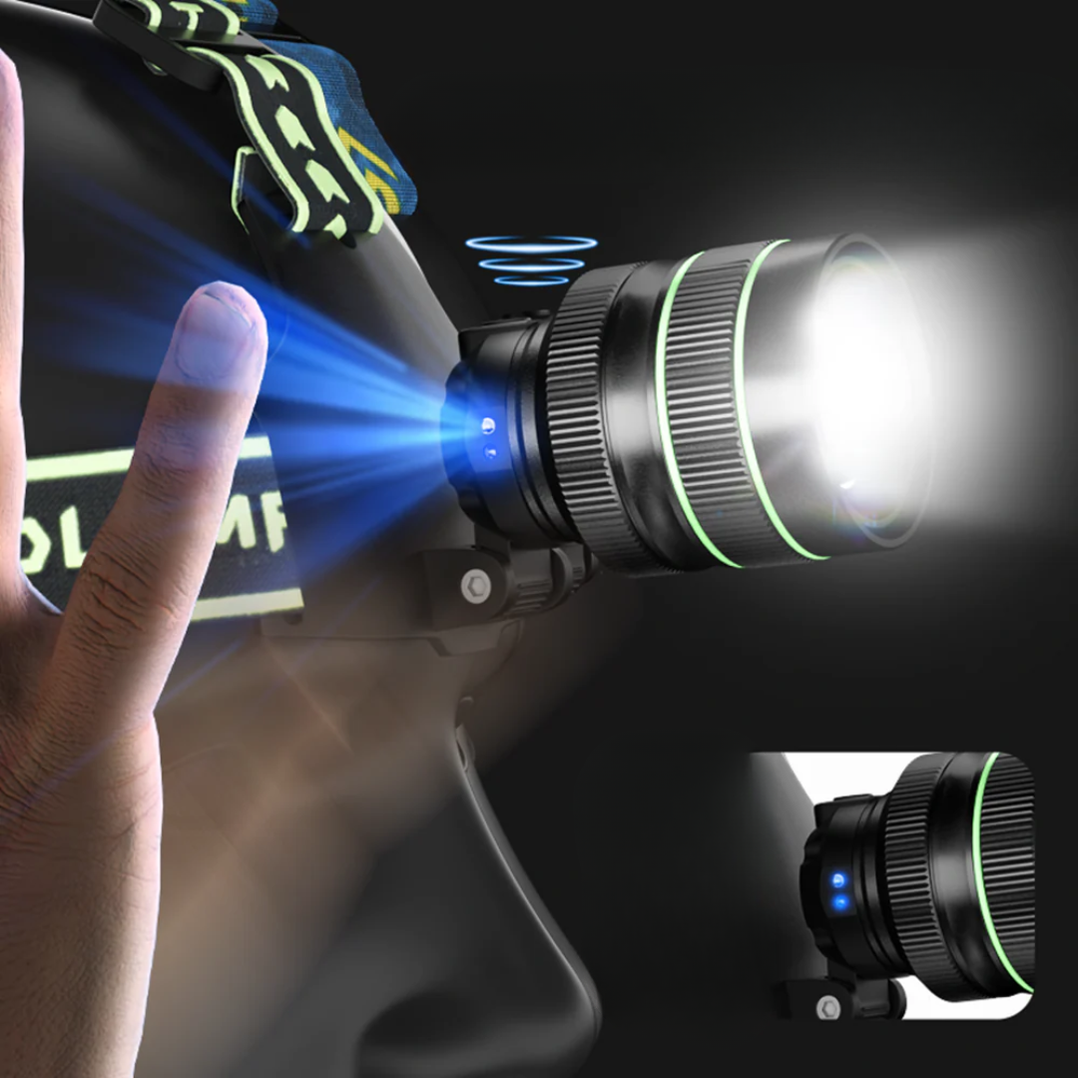 Extremt kraftfull pannlampa med 10 000 lumen + powerbank