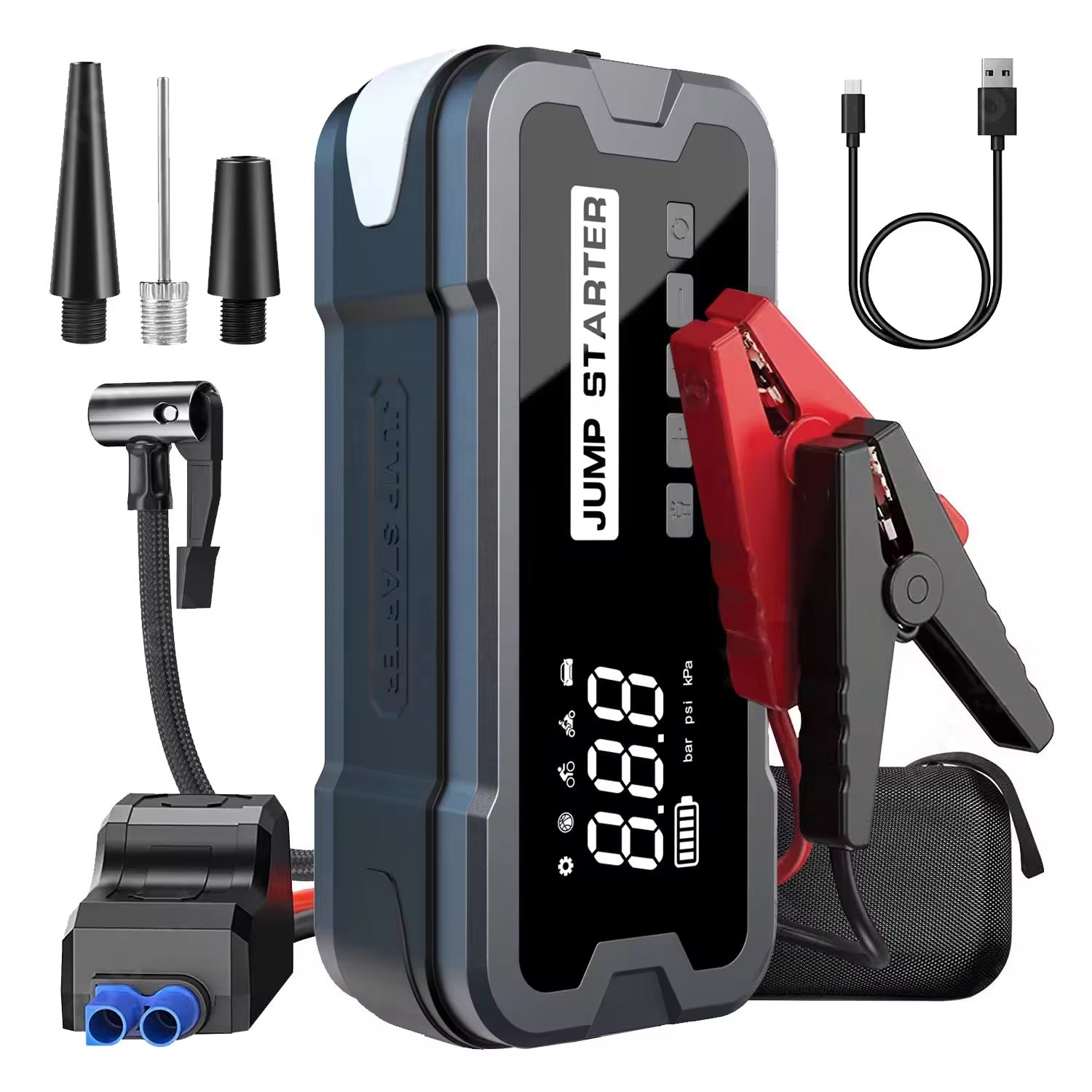 Multifunktionell Starthjälp, Powerbank 24000mAh, Kompressor och Ficklampa