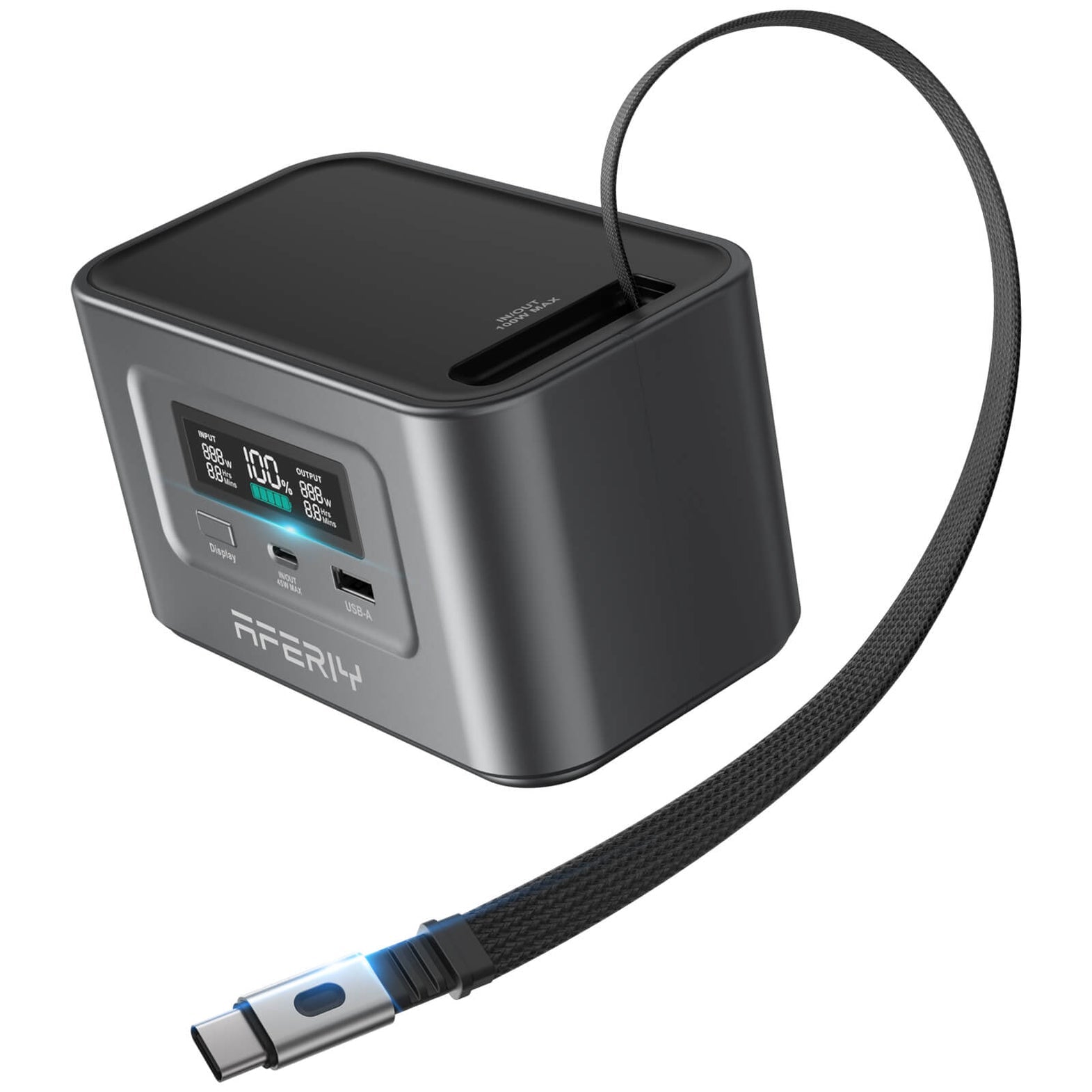 AFERIY Nano100 – Ultralätt, flyggodkänd mini-powerstation med integrerad USB-C-kabel. 100W